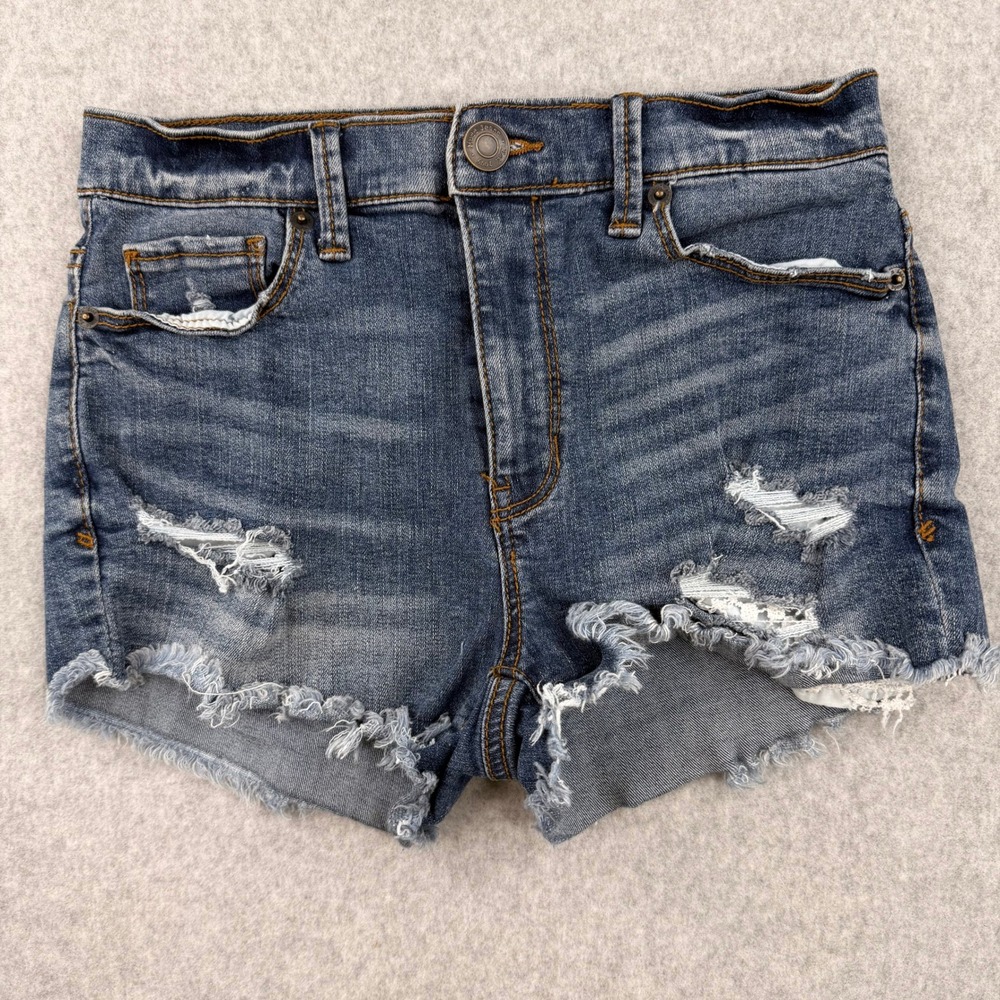 Mudd LX Stretch High Waisted Distressed Denim Jean Shorts Blue Size 3 Frayed Hem